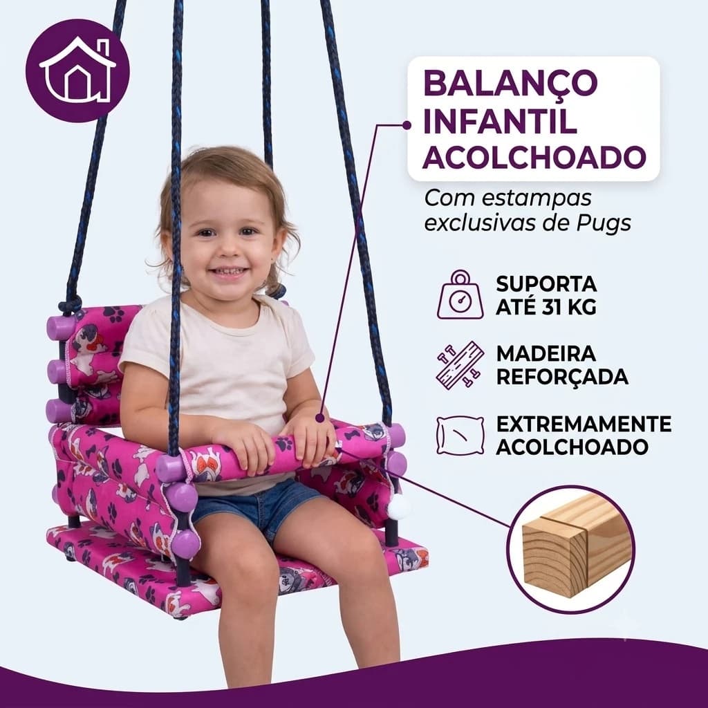 Cadeirinha Balanço Infantil  Madeira Alta Qualidade Resistente Acochoada Reforçada 35kg 1 A 10 ANOS