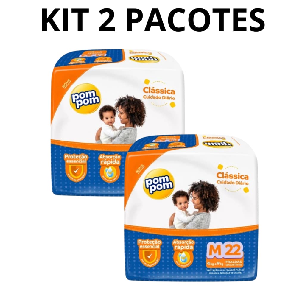 Kit 2 Fraldas Descartáveis Pom Pom Clássica Jumbo Tamanho M com 22