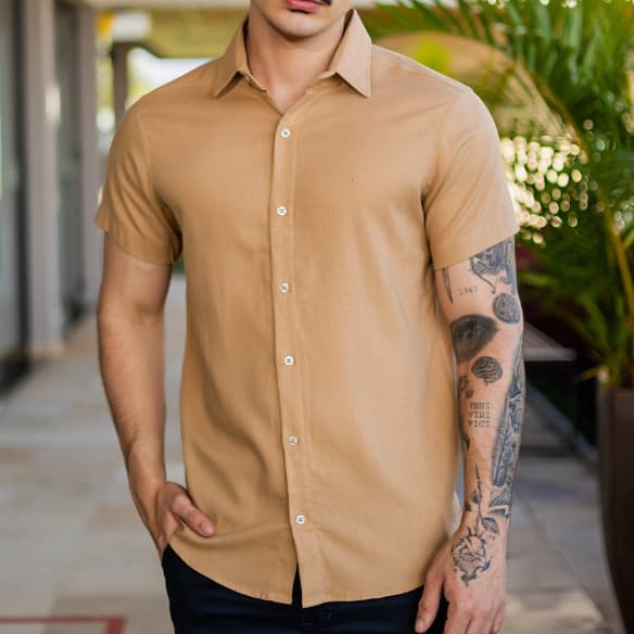 Camisa Social Masculina Manga Curta Linho Blend Slim Fit Festa Casual Verão