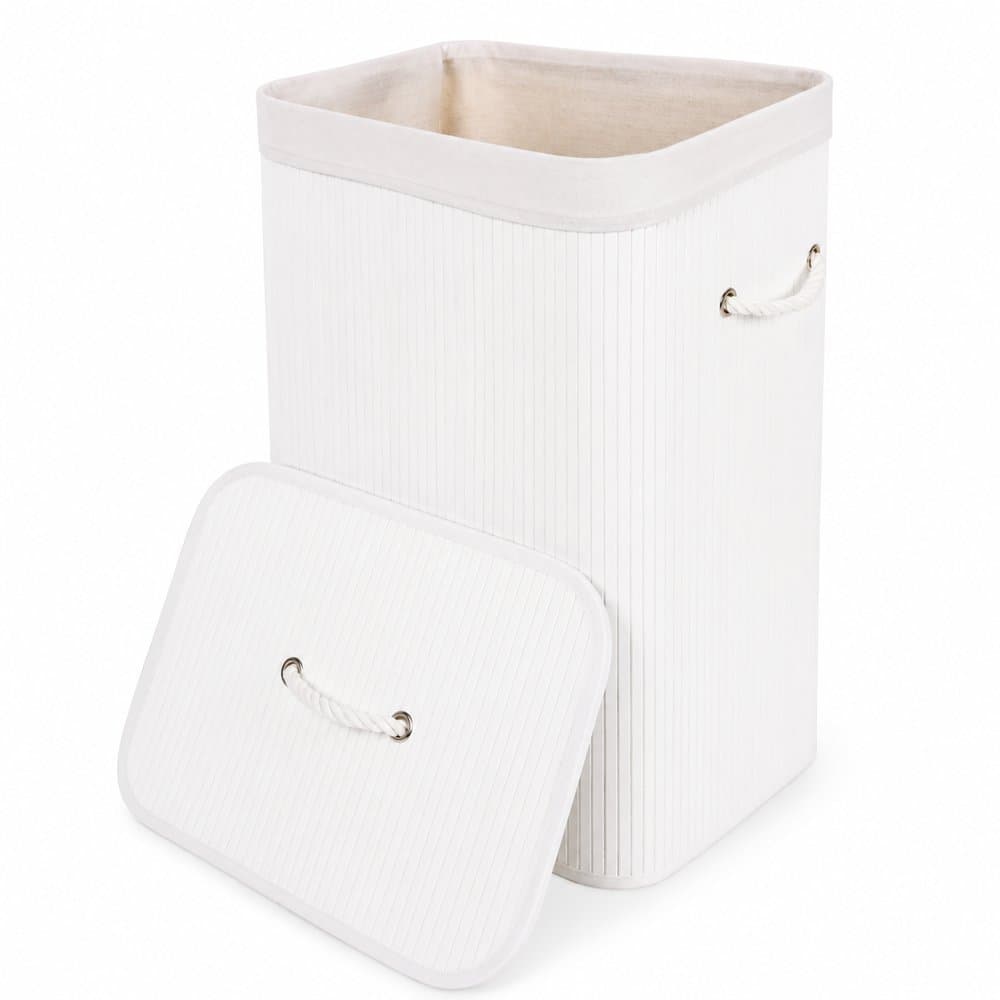 Cesto de Roupa Suja Bambu Dobrável com Tampa e Forro Organizador Grande e Resistente Banheiro Branco 70 litros
