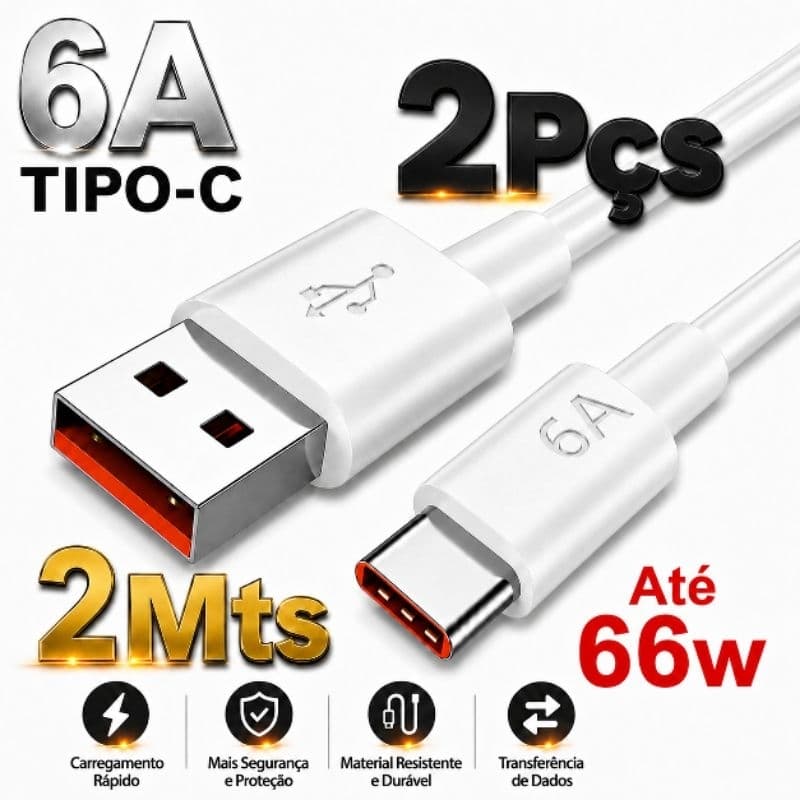 Kit 2 Cabos De Carregamento Rápido 2 Metros 66w 6A | Usb Tipo-c | Para Smartphones Android