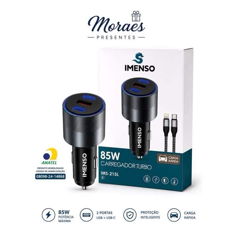 Carregador veicular Imenso 85W USB + USB-C, carga rápida, homologado Anatel 02792-24-13363.