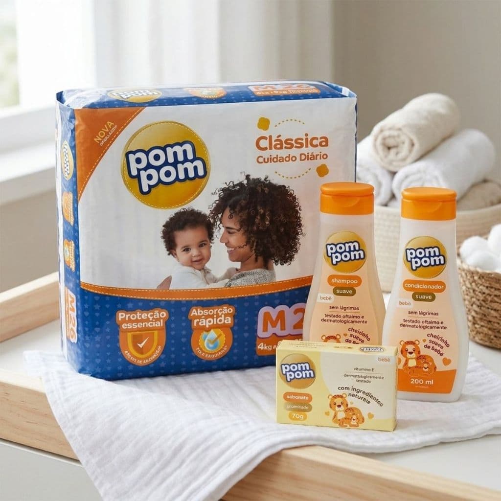 Kit Chá de Bebê Pom Pom Fralda  Shampoo  Condicionador Sabonete Glicerinado Higiene Recém Nascido