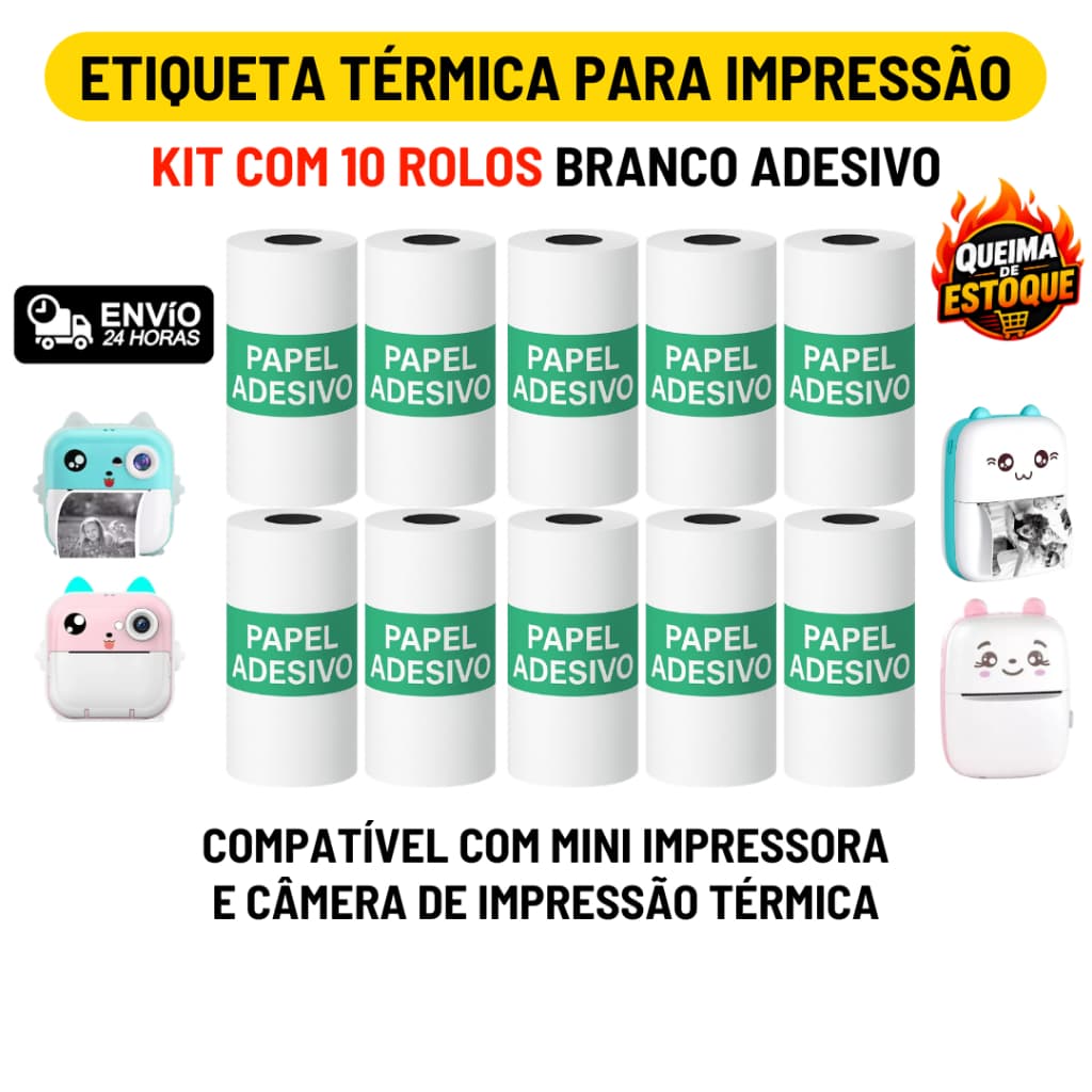 Kit 10 Rolos Etiqueta Térmica Adesiva Branco 50mm Bobina Refil Para Mini Impressora Portátil e Maquina Fotográfica