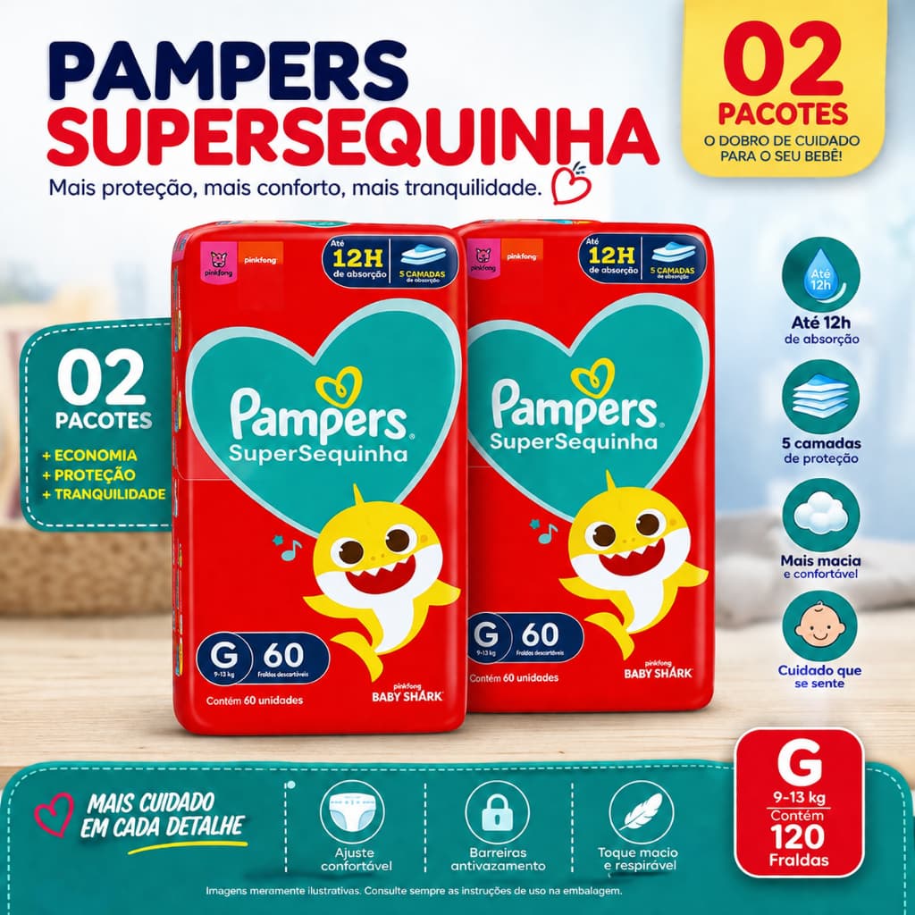 Kit 2 Fraldas Pampers Supersequinha G 60 Un Cada | Total 120 Fraldas | 9 a 13kg