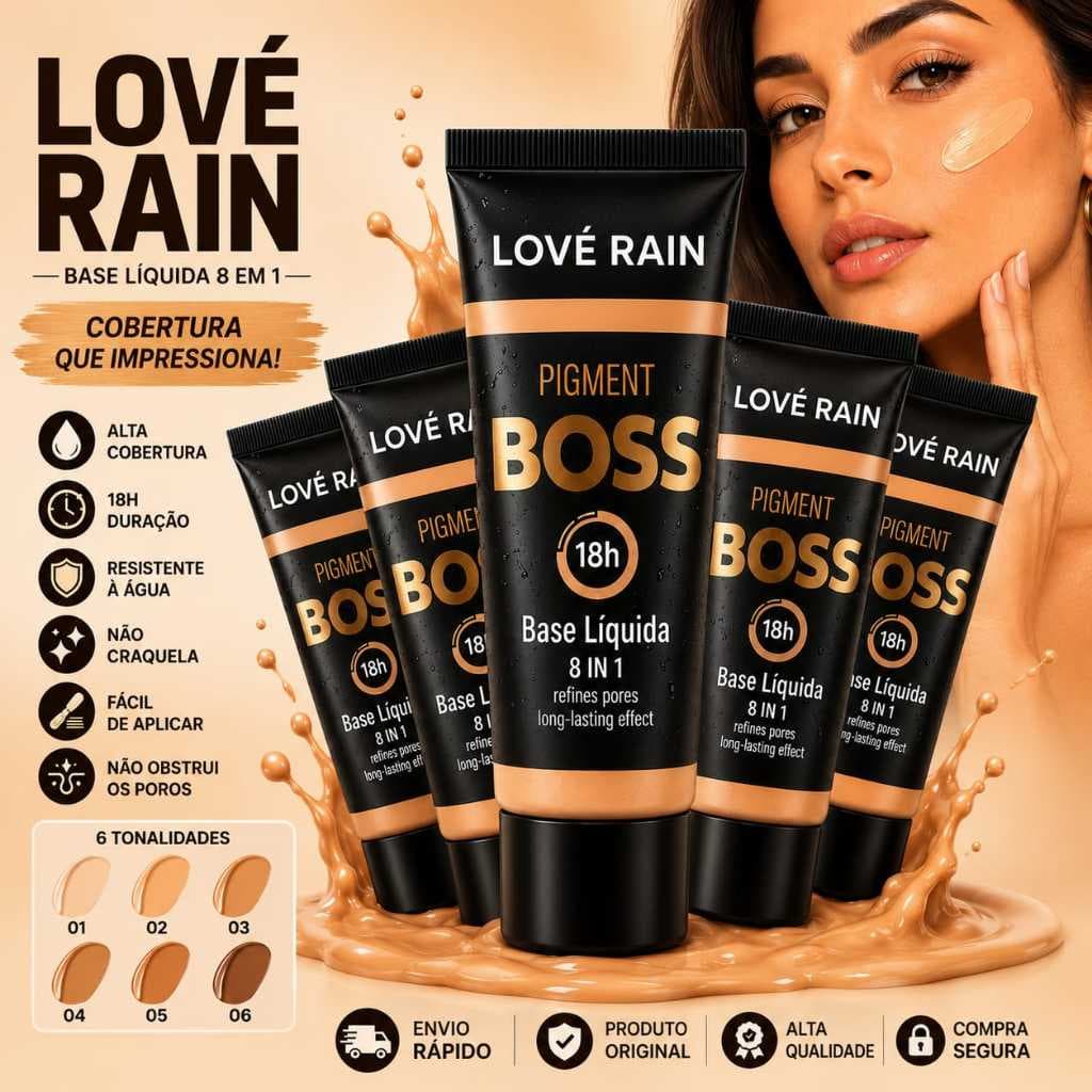 Base Liquida Love Rain Matte Boss 60ml Alta Cobertura À Prova D'Água Não Obstrui os Poros 18h  Para Todos Os Tons Pele