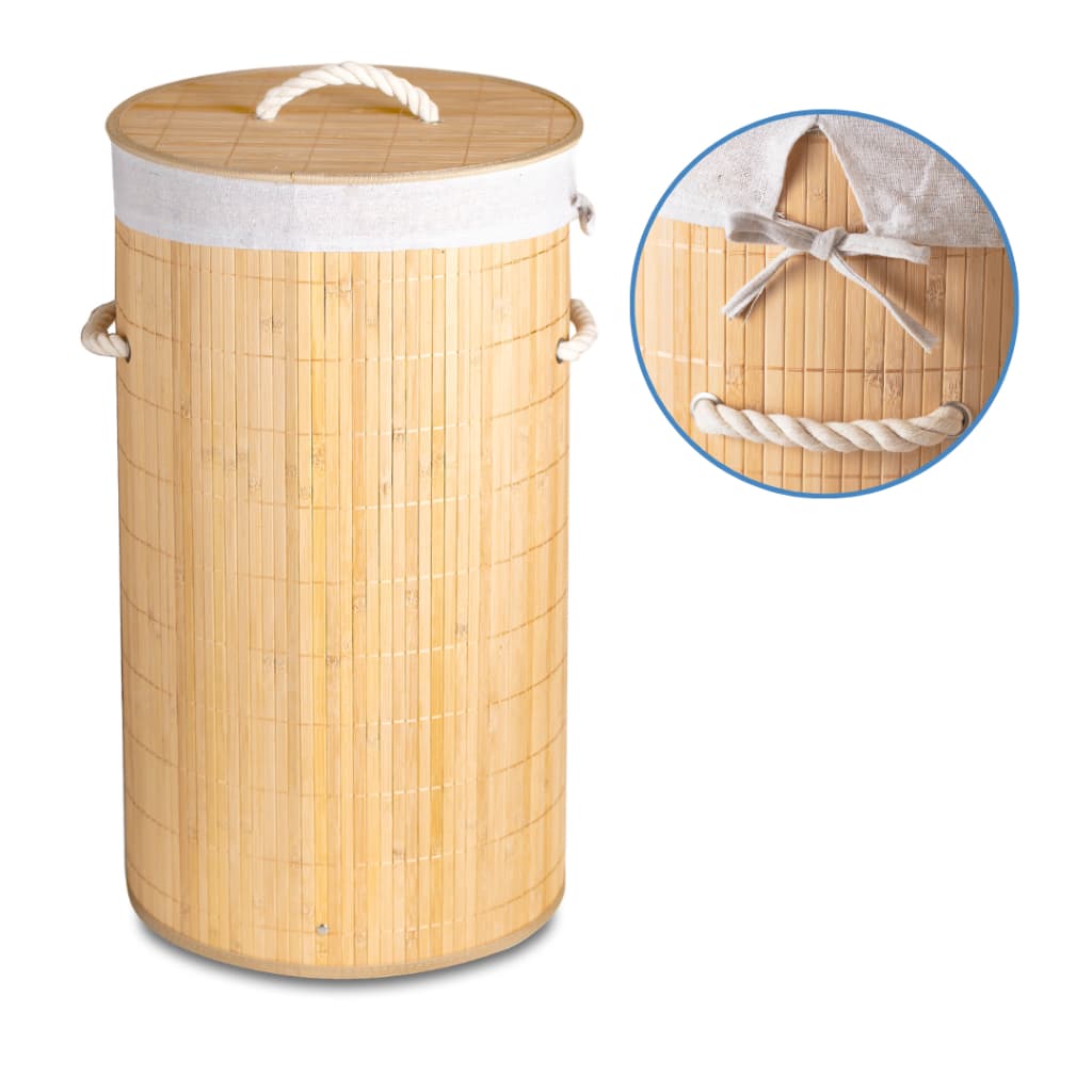 Cesto Roupa Suja Bambu Redondo Dobrável 60L Com Tampa Organizador Lavanderia Banheiro Quarto