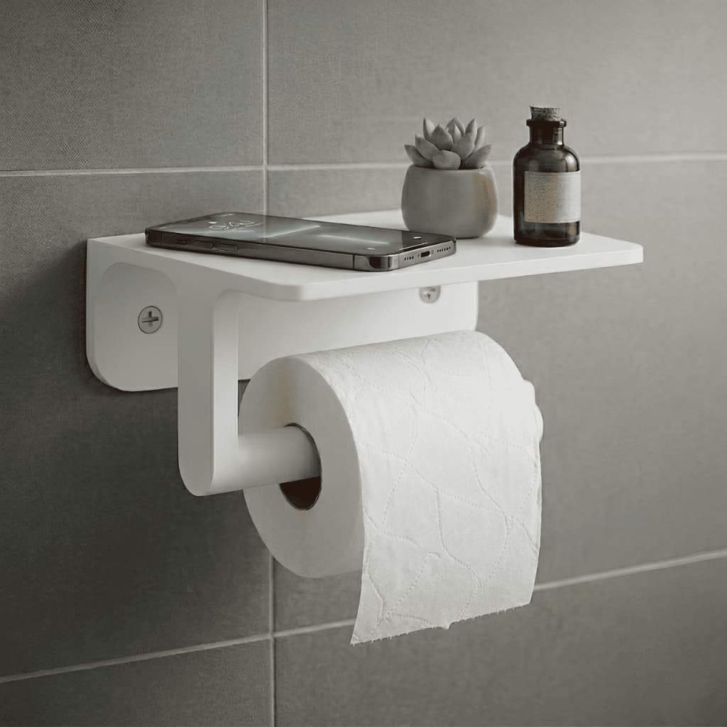 Suporte Porta Papel Higiênico Parede Banheiro Sem Furar Prateleira Porta Celular Adesivo ou Parafuso Preto Branco