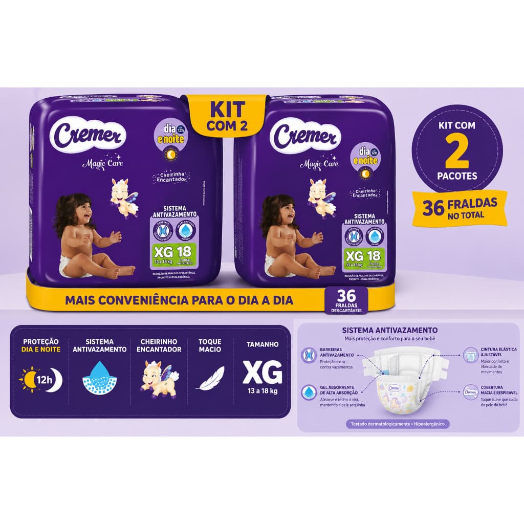 Fralda Cremer Magic Care Jumbo XG 18 Unidades – Kit com 2 Pacotes (36 Fraldas Descartáveis)