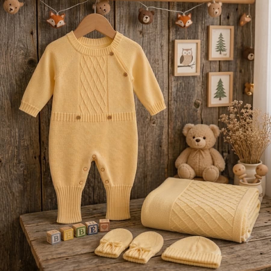 Kit Roupa Bebê RN Saída Maternidade 4 Peças Tricô Premium Macacão Manta Touca Luvas Enxoval