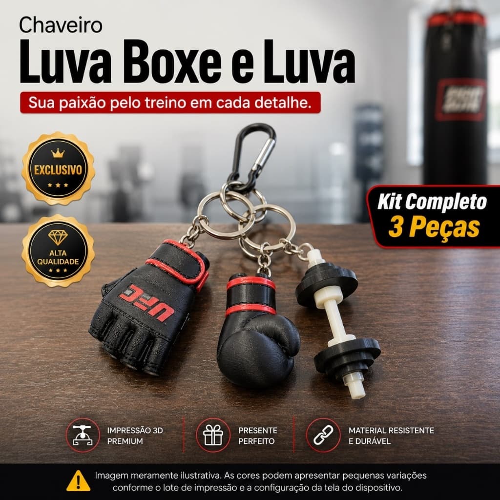 Chaveiro 3D Kit Luva UFC Boxe Halter Academia Fitness Musculação MMA Presente Criativo PLA Premium