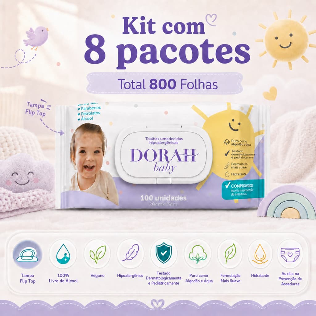 Kit Lenços Umedecidos SEM Álcool - 8 Pacotes com 100 Folhas com Tampa - Dorah Baby (Total 800 Folhas)