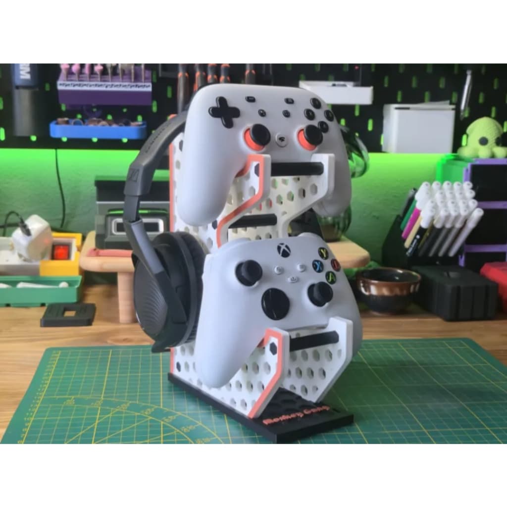 Suporte Duplo para Controle de Videogame e Headset Setup Gamer Organizador Mesa - Impressão 3D