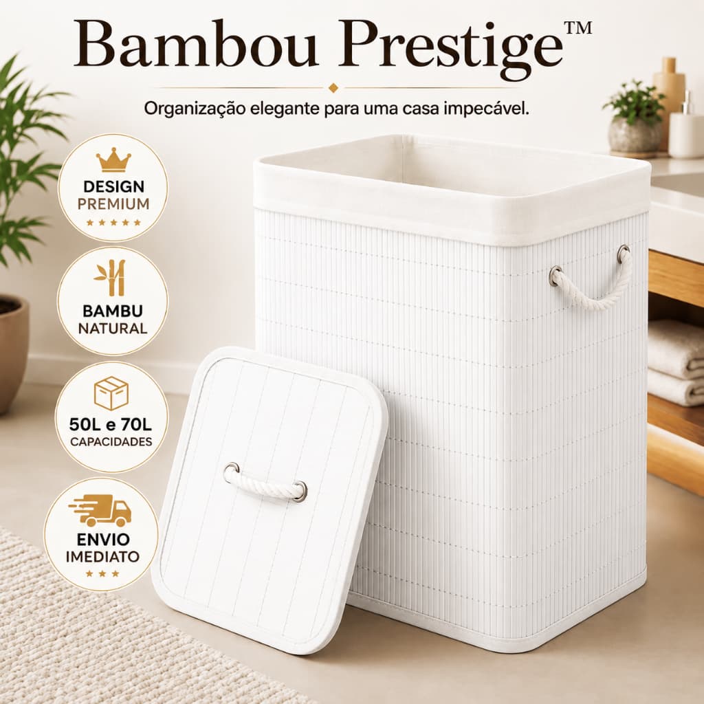 Cesto de Roupa em Bambu Natural 50L ou 70L com Tampa Dobrável Organizador para Lavanderia e Banheiro GRANDE