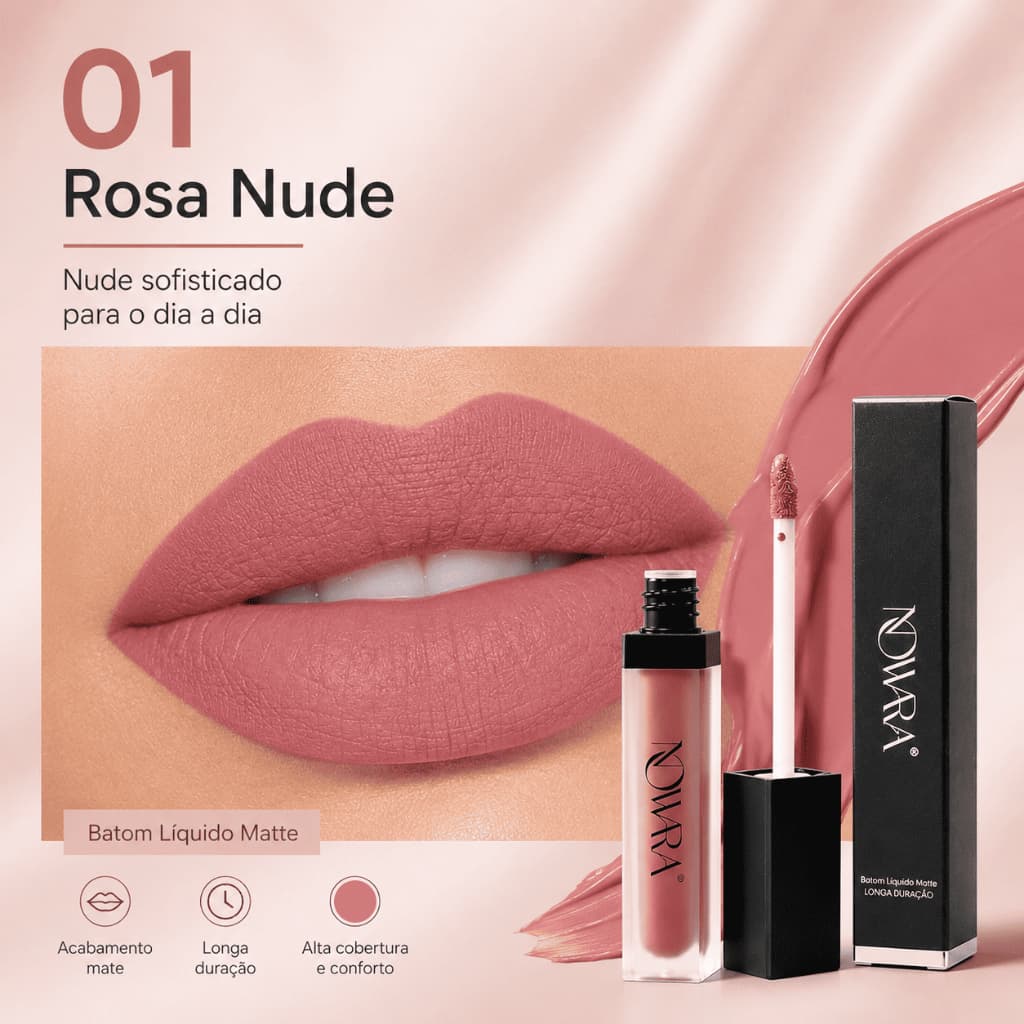 NOWARA Batom Liquido Matte Longa Duracao Alta Pigmentacao Nao Transfere Resistente a Agua Toque Aveludado Seis Cores