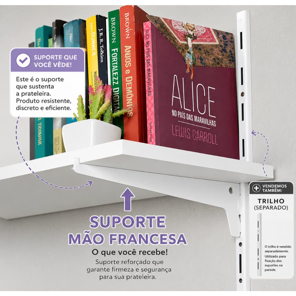 Suporte Encaixe Trilho Cremalheira Branco ou Preto Aço Reforçado Prateleira 15 a 30cm Kit 2, 3 ou 4