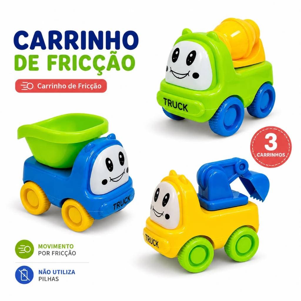 Kit 3 Carrinhos Brinquedos de Construção Infantil Brinquedo Fricção Caminhão Bebê brinquedo de Menino