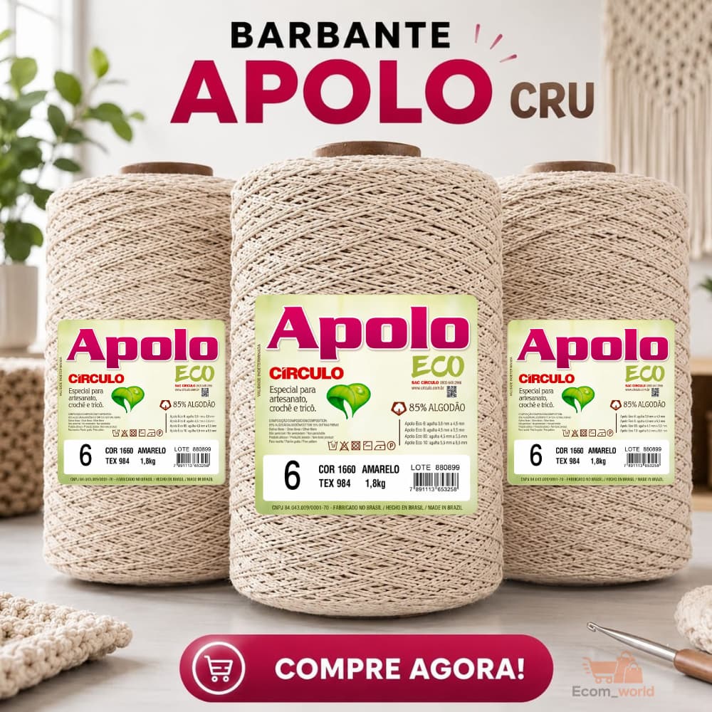 Barbante Apolo Eco Crú/Natural Círculo 1,8kg - Fio N° 6 Para Artesanato, Crochê e Macramê, Exclusivo e Original Cor Crú.