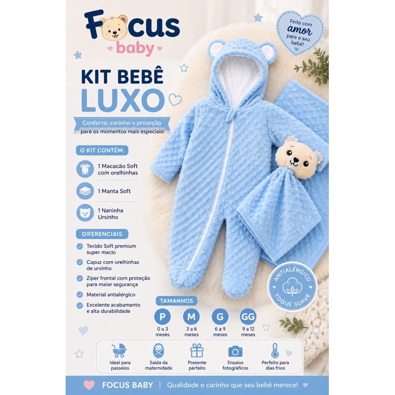 Kit Luxo Bebê Premium  Macacão Soft com Zíper Manta Naninha Unissex menino menina bebê quentinho roupa nenê