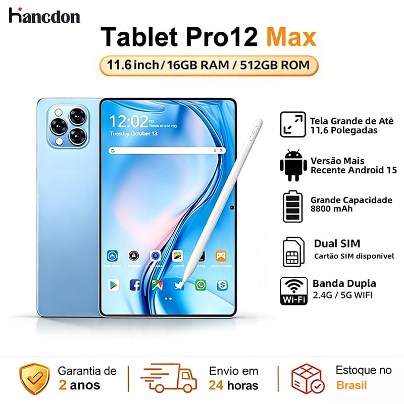 Hancdon Pad Pro12 Max 12GB RAM 512GB | Android 15 | Tela 11.6" FHD | Bateria 8000mAh MTK6799