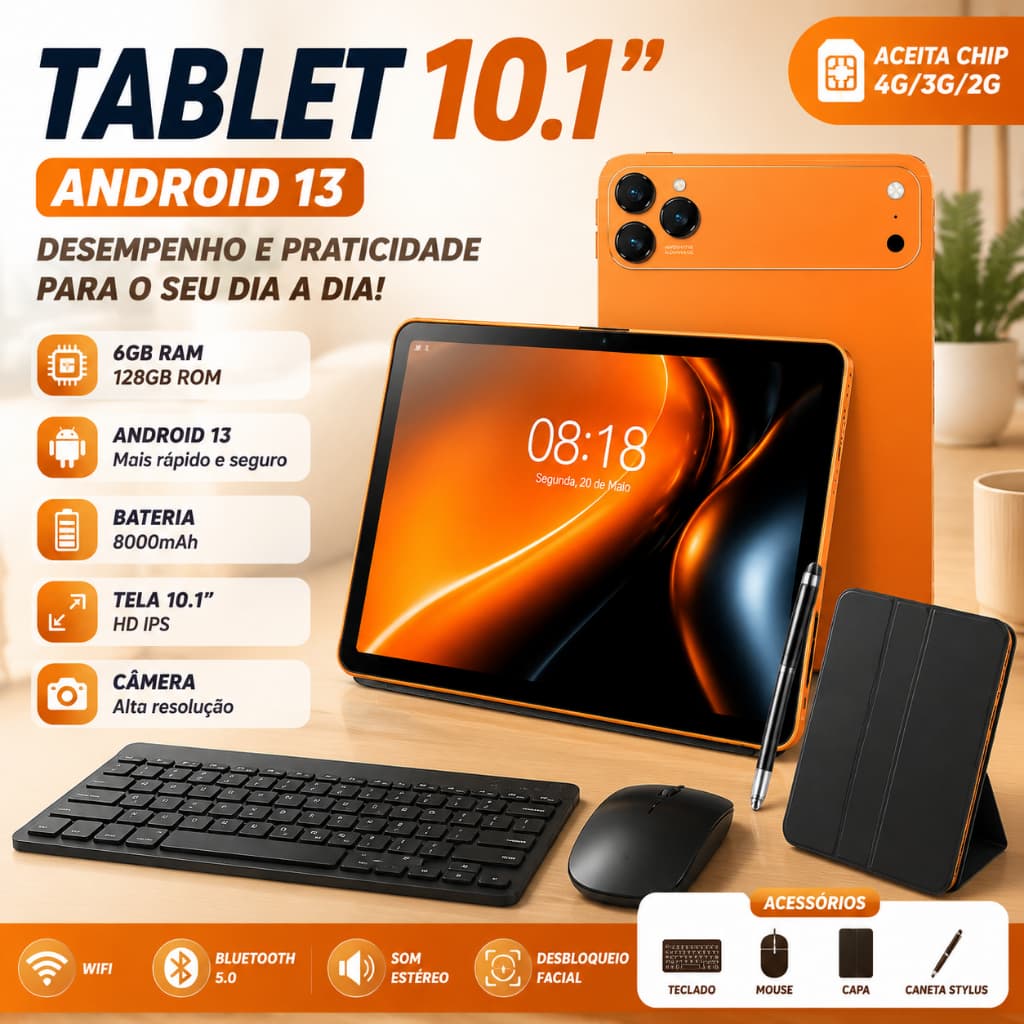 Tablet N17 Wifi com chip 10.1 8000mah Android 13, 6GB RAM 128GB Teclado+Mouse+Fones de ouvido Bluetooth Câmera