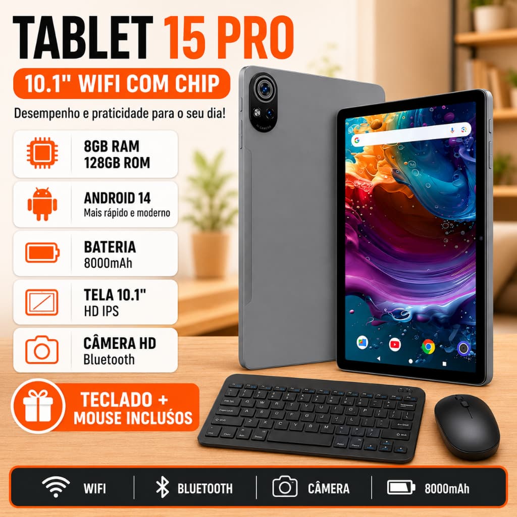 Tablet 15 PRO Android 13 8000mah Wifi com chip 10.1 , Teclado+Mouse 8GB RAM 128GB Câmera Bluetooth