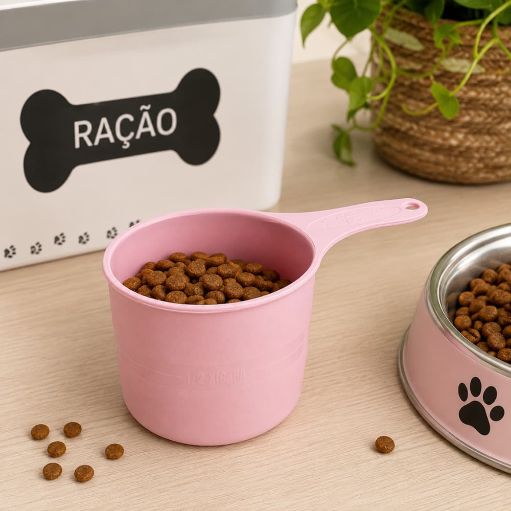 Medidor de Ração Pet Colher Xícara Dosadora de Ração Cachorro Gato 240 mL Rosa