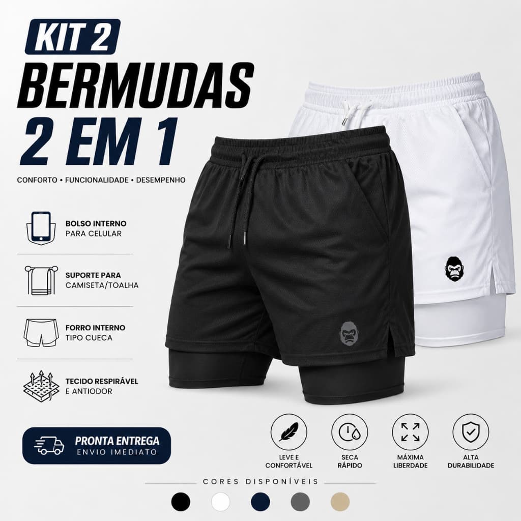 Kit 2 Shorts Masculino Kong 2 em 1 com Compressão, Bolso para Celular e Tecido Dry Fit