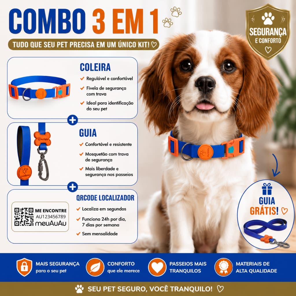 COMBO COLEIRA 3 EM 1 - COLEIRA + QR CODE GEOLOCALIZADOR + GUIA