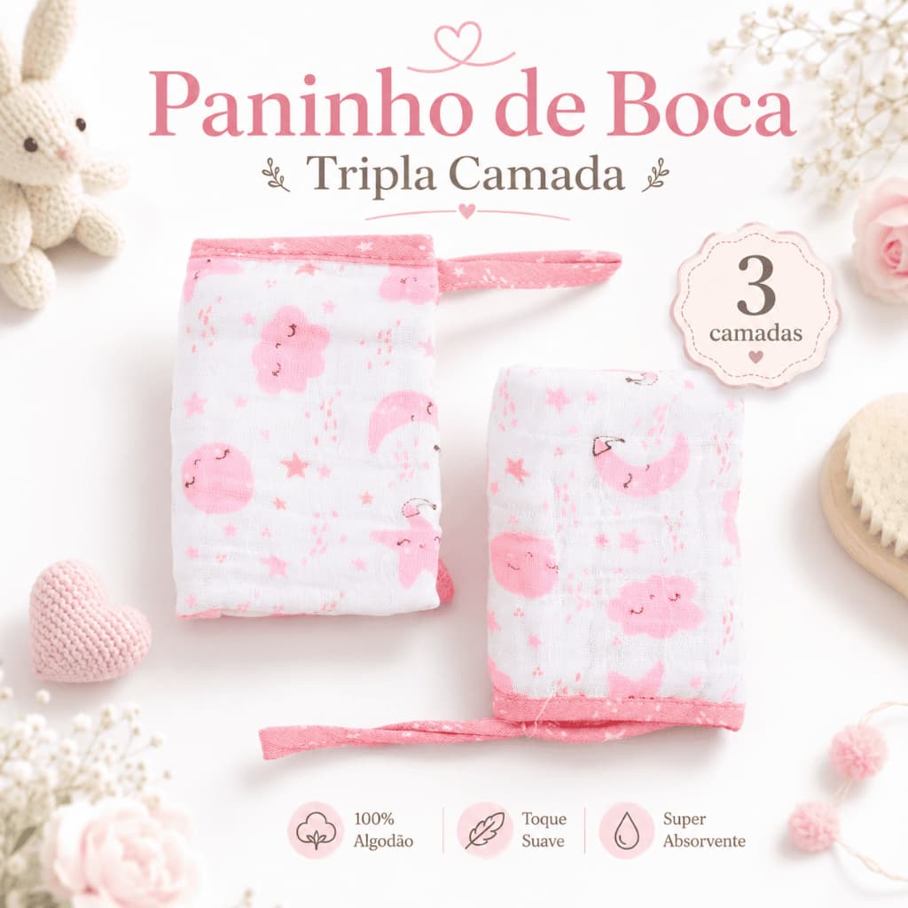 Pano de Boca Bebê Kit 2un 100% Algodão 3 Camadas 20x40cm Recém-Nascido c/ Prendedor de Chupeta Envio Imediato