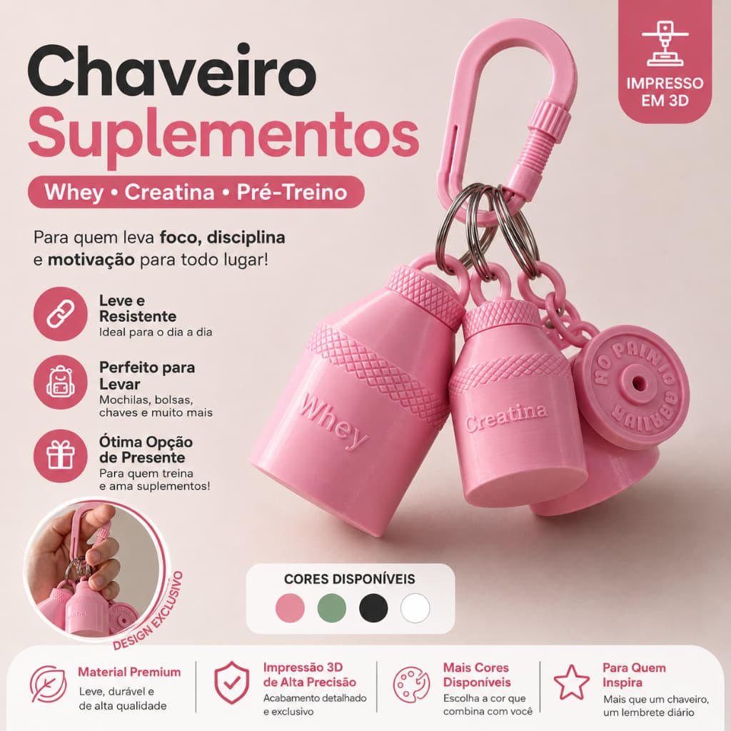 Kit Porta Suplementos Whey Creatina Pré Treino Chaveiro Portátil Dosador Academia