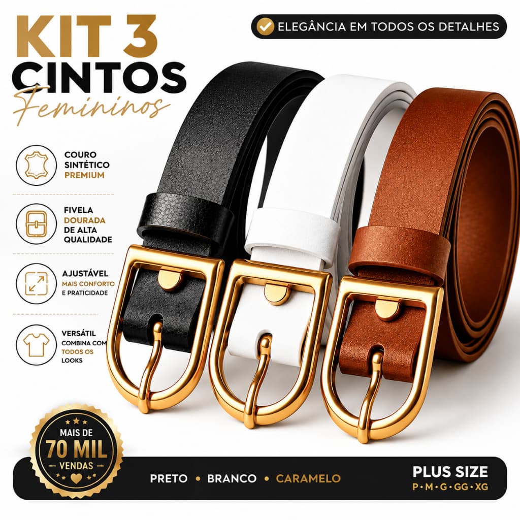 Kit 3 Cinto Feminino - Couro Sintético Elegante Fivela Dourada Ajustável Plus Size -Jeans, Macaquinho,Vestido fino sinto