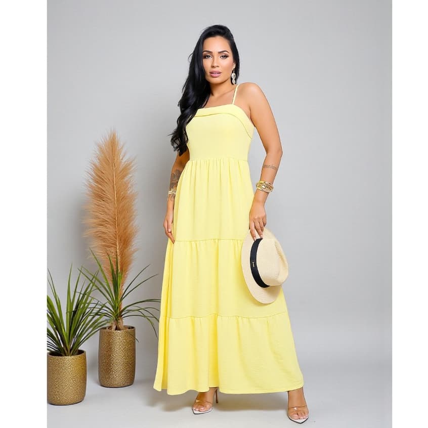 Vestido feminino longo  verão alça fina regulável com bojo e forro  M ao GG várias cores