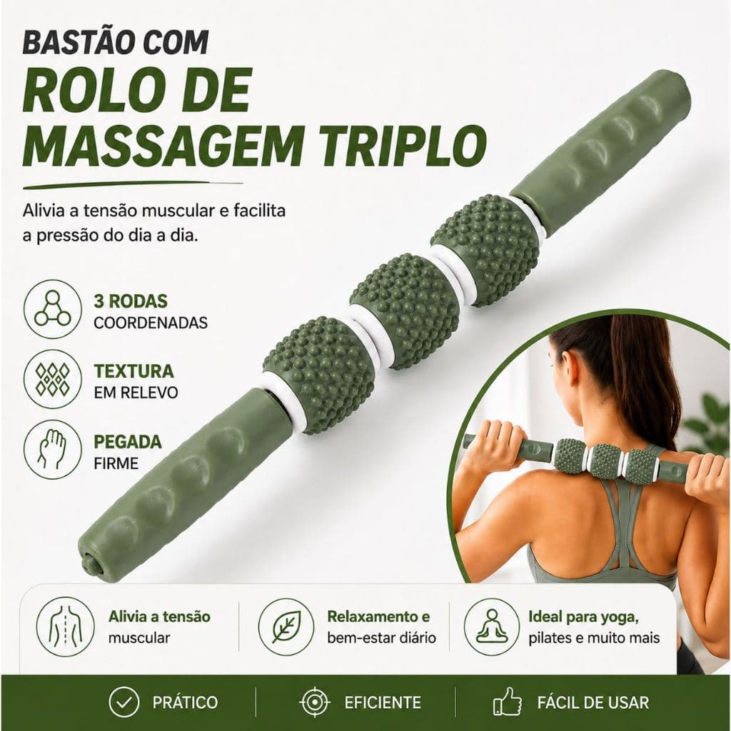 Bastão Massageador Corporal 3 Rolos Massageador Muscular Liberação Miofascial Recuperação Pós Treino