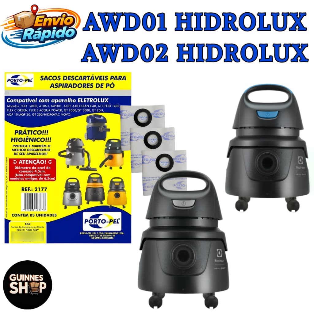 Kit 3 Sacos Aspirador de Pó Electrolux - AWD01 HIDROLUX (2177) AQP10 AWD02