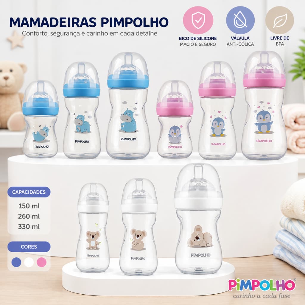 Mamadeira Pimpolho Serena Bebê Anticólica BPA Free / Silicone Macio /150ml/260ml/330ml Menino Menina