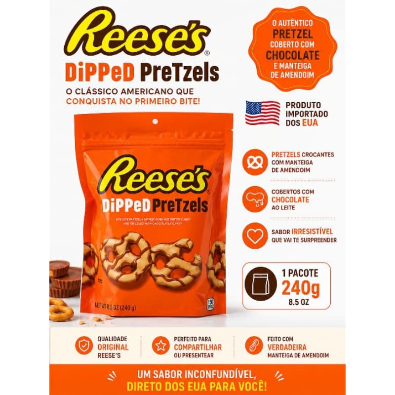 Sancks Importados 🇺🇸 Reese's Dipped Pretzels Importado EUA 240g Chocolate e Manteiga de Amendoim 🥨🍫