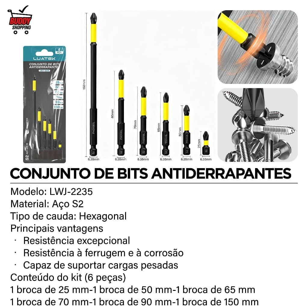 Kit 6 Bits Magnéticos Anti-derrapantes Aço S2 PH2 P/ Furadeira Parafusadeira Impacto Luatek LWJ-2235