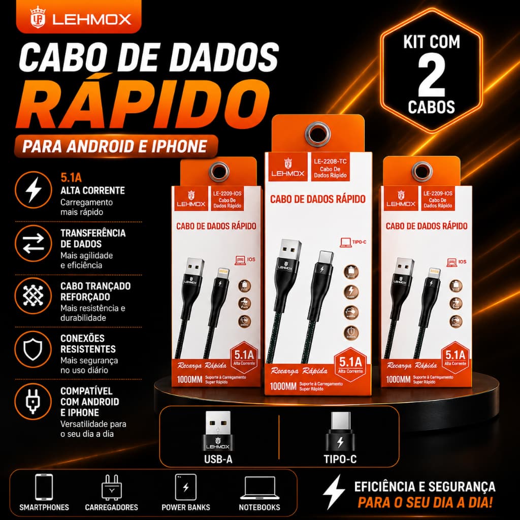 2 Cabo Carregador Tipo C Turbo 5.1A Carregamento Rápido USB Reforçado 1 Metro Envio Rápido Frete Grátis