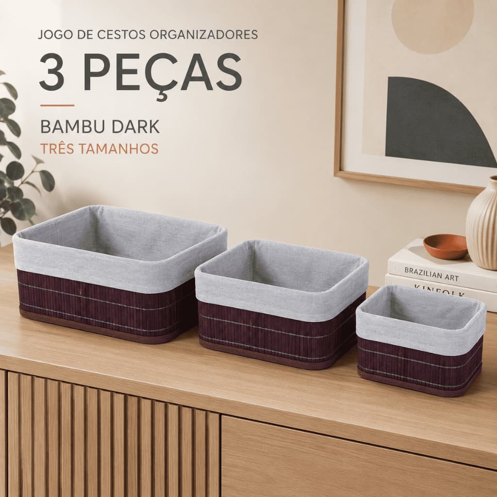 Kit 3 Cestos Organizadores de Bambu Dark | Cestas Organizadoras G M P para Cozinha Banheiro Quarto e Escritório