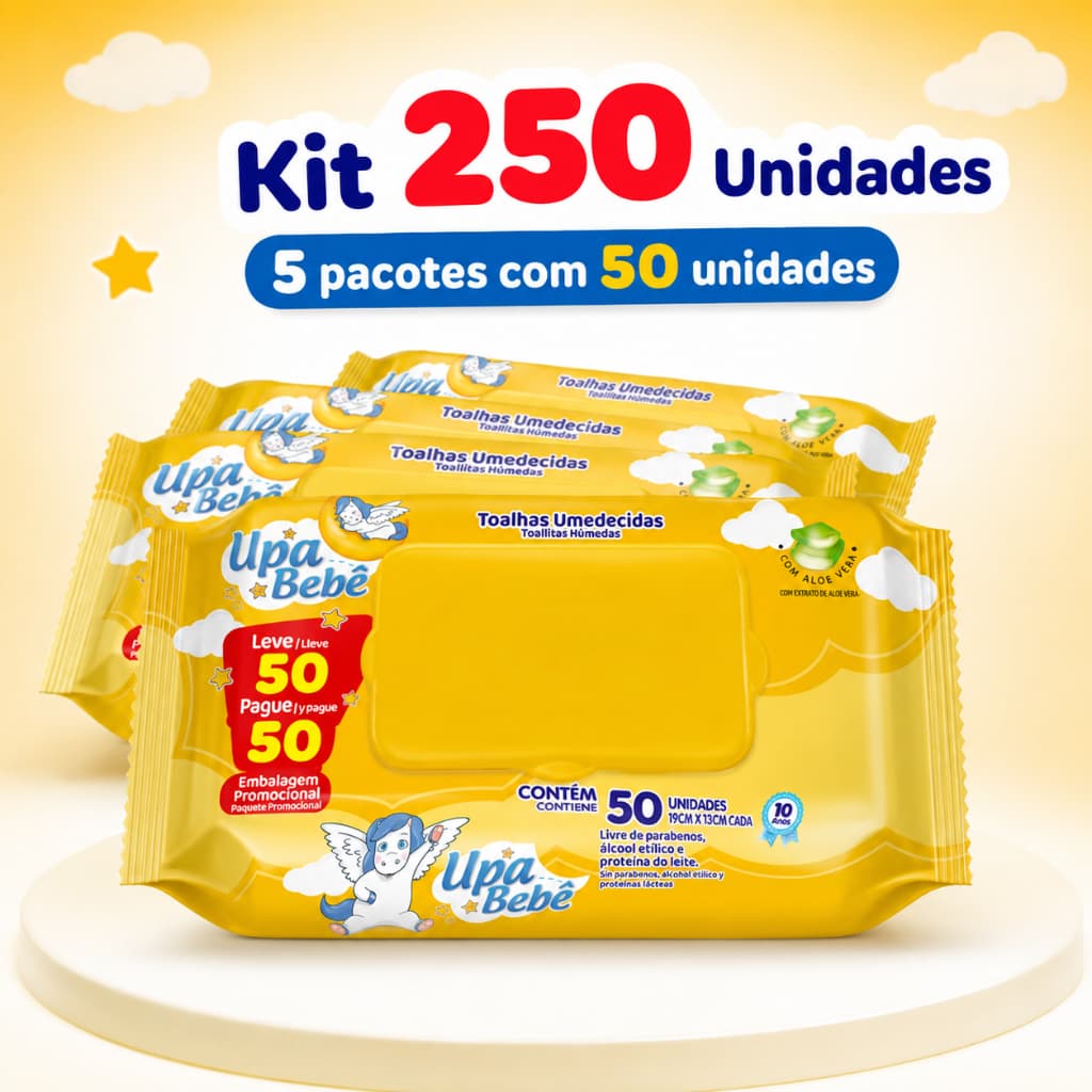 Kit Lenço Umedecido Bebê Upa 250 Unidades 5x50 Higiene Diária