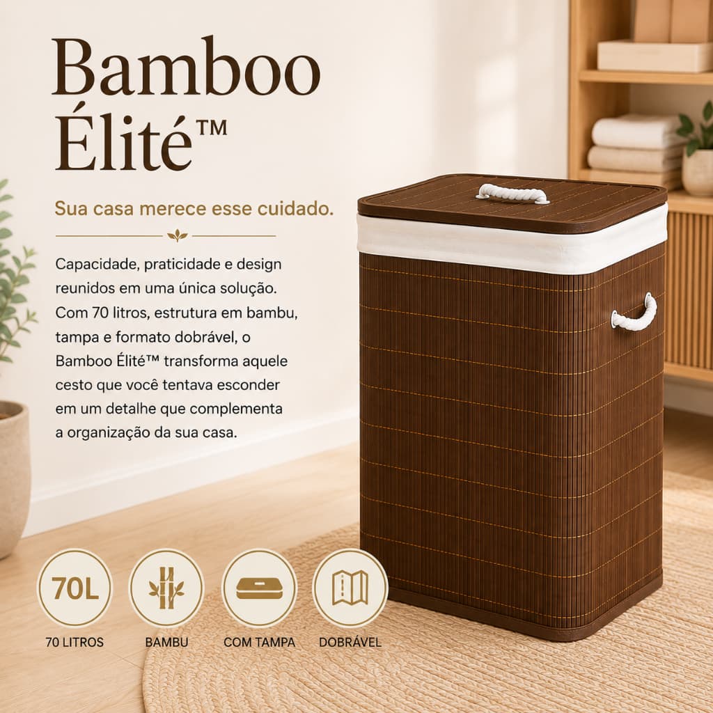Cesto de Roupas em Bambu 70 Litros com Tampa Dobrável Organizador para Lavanderia, Quarto, Closet /Banheiro Bamboo Élité