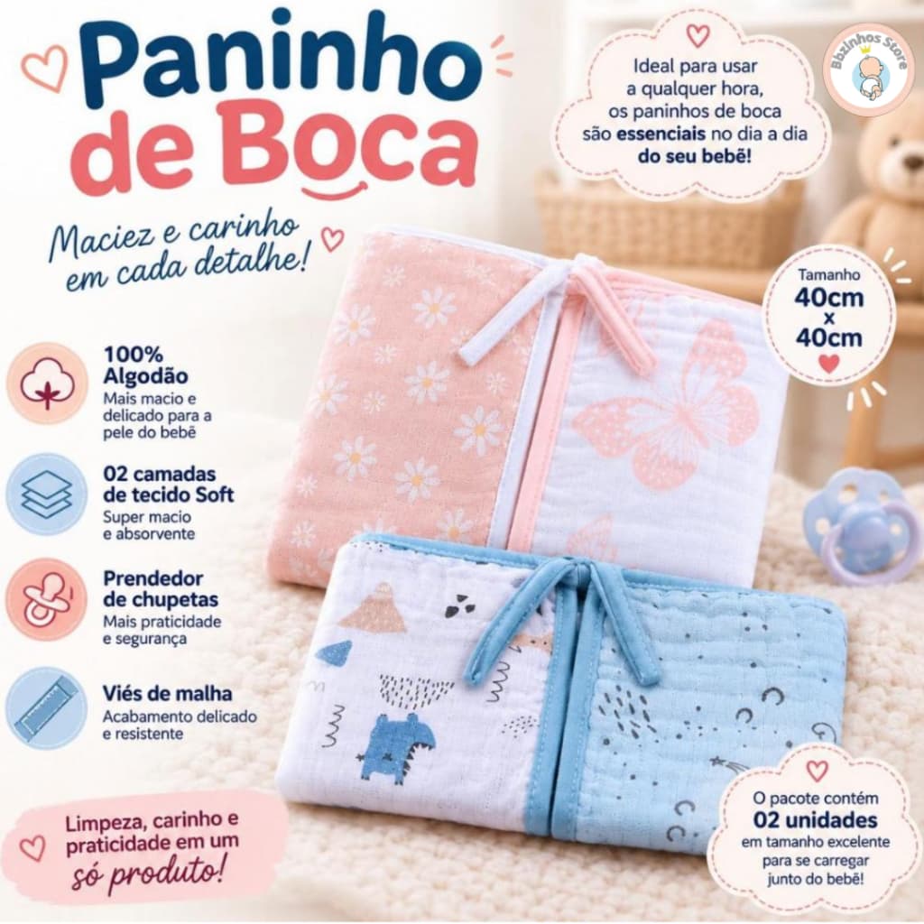 Paninho De Boca Papi Soft 40 X 40 Cm 02 Unidades c/ Prendedor de Chupeta