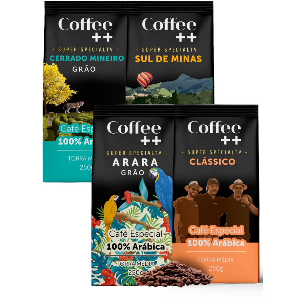 Kit 4x Café Especial Em Grãos Coffee ++ Clássico, Arara, Sul de Minas e Cerrado 100% Arábica 250g