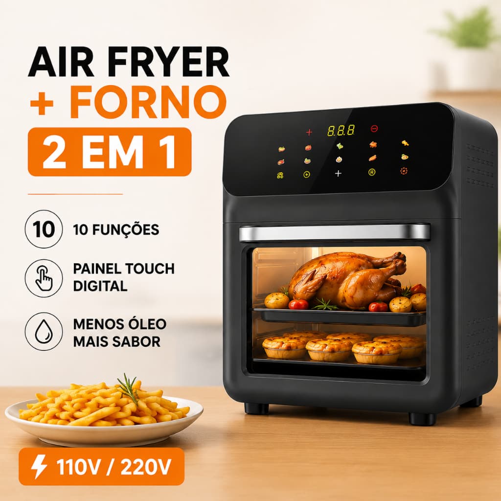 Air Fryer Oven 2 em 1 Forno Elétrico Fritadeira Sem Óleo 10 Funções Painel Touch Digital
