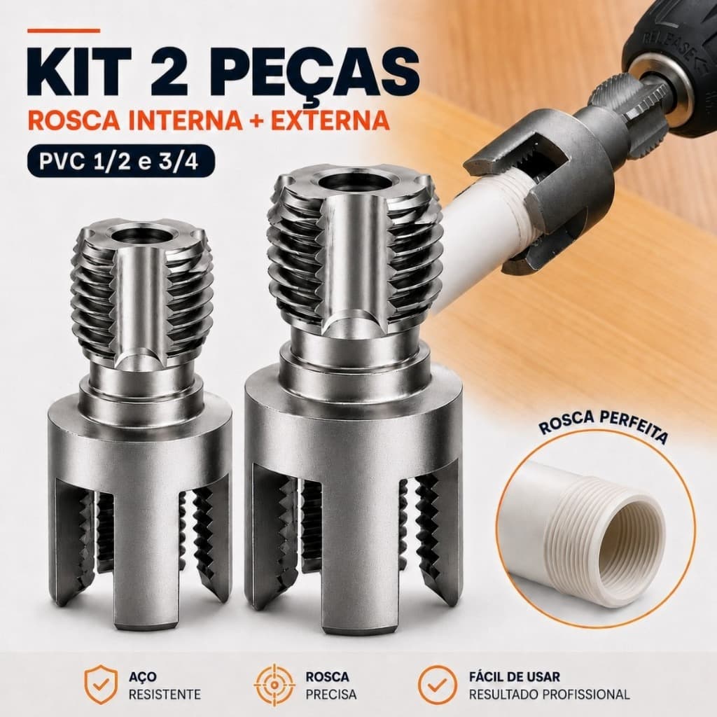Rosqueador Tarraxa Abridor de Rosca Cano PVC PPR 1/2 ou 3/4 Kit 2 Interno Externo Furadeira Parafusadeira