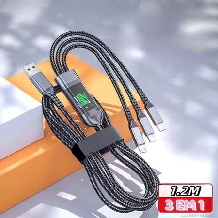 Cabo USB 3 Em 1 100W 6A Carga Rápida Super Rápida Para Celular Tipo C Micro USB Lightning Carregador Reforçado Liga