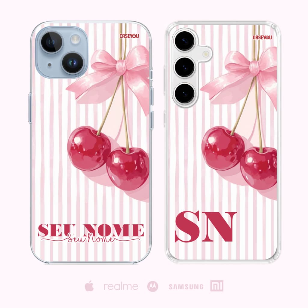 Capinha Celular Personalizada Nome e Iniciais Cereja Laço Rosa Listras Rosa Coquette Feminino Delicado