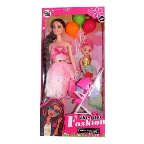 Boneca Articulada Com Carrinho De Bebê E Filhinha Balões Presente Menina Infantil