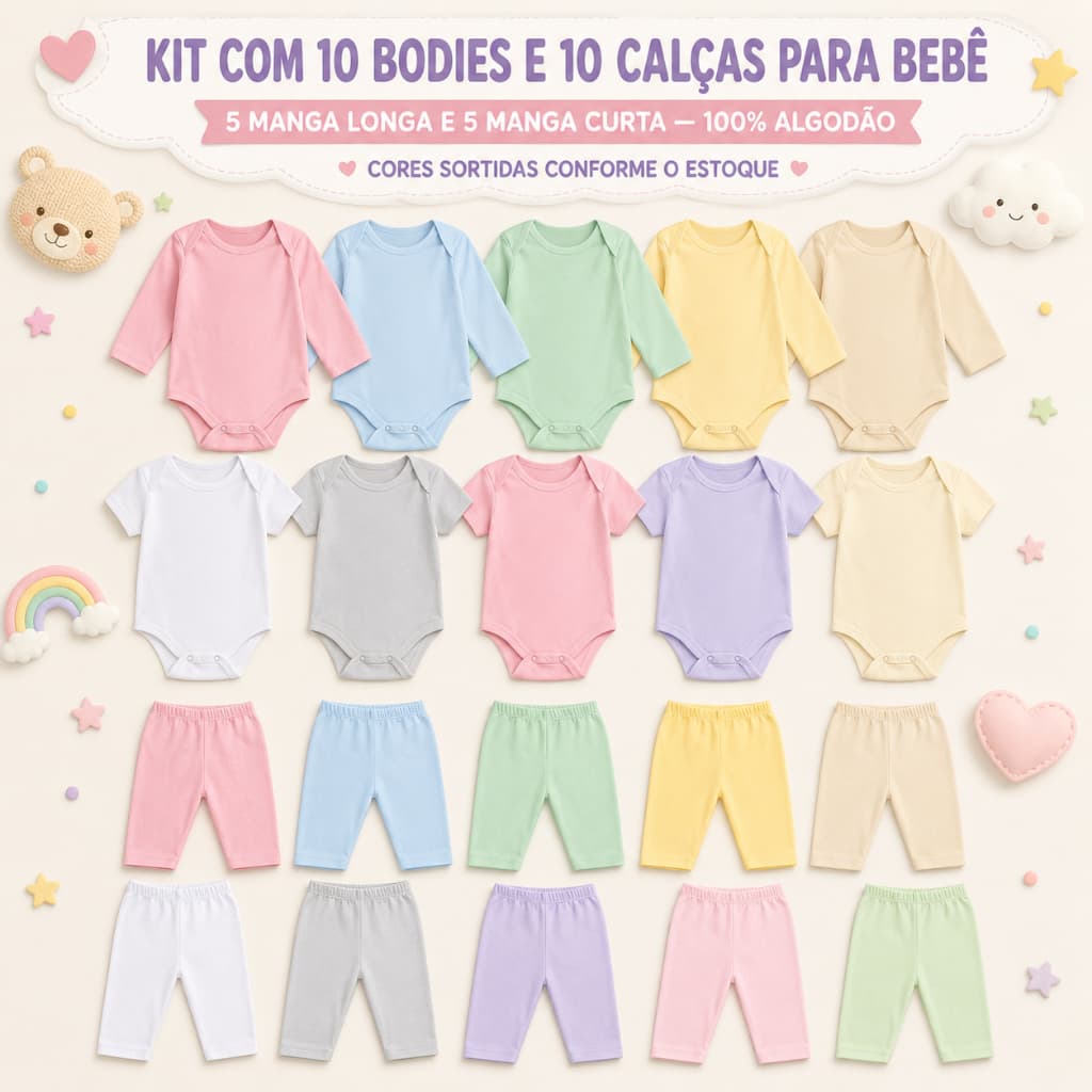 Kit Enxoval 20 Peças Bebê Infantil Body Manga Longa Manga Curta Calça Mijão Menino Menina Recem Nascido